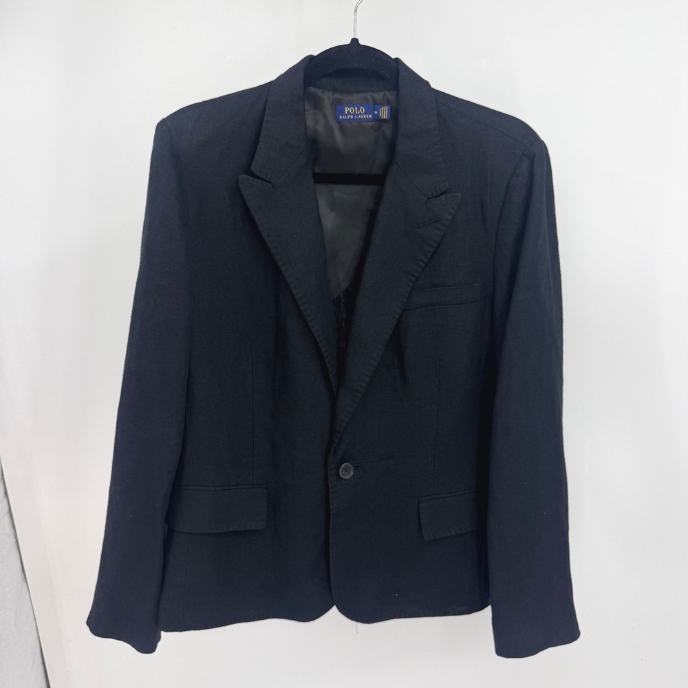 Polo Ralph Lauren Womens Black 100% Linen Single Button Blazer Jacket Size 14